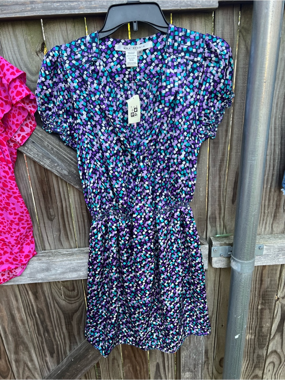 👗Max Studio Purple Mosaic Print Short Sleeve Dress